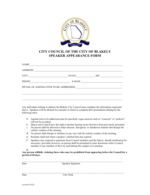 First page of the City Council Speaker Appearance Form