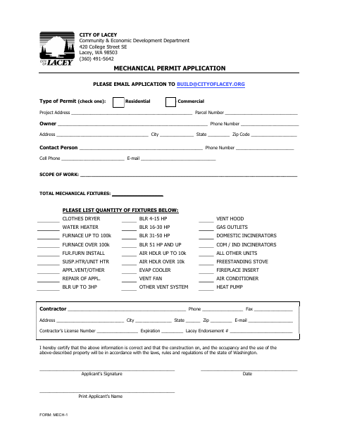 First page of the Mechanical Permit Application