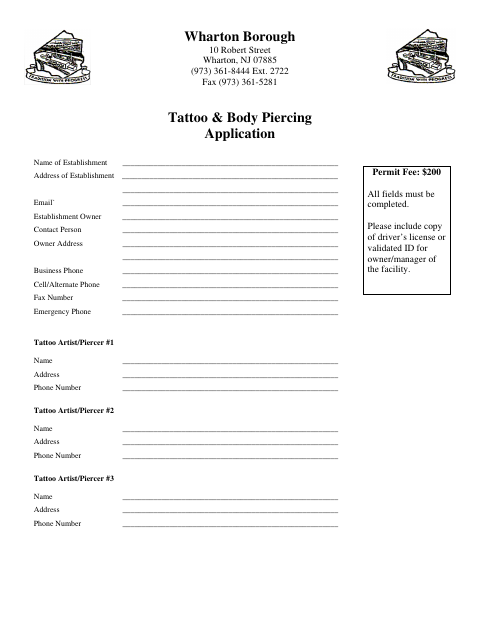 First page of the Tattoo & Body Piercing Application