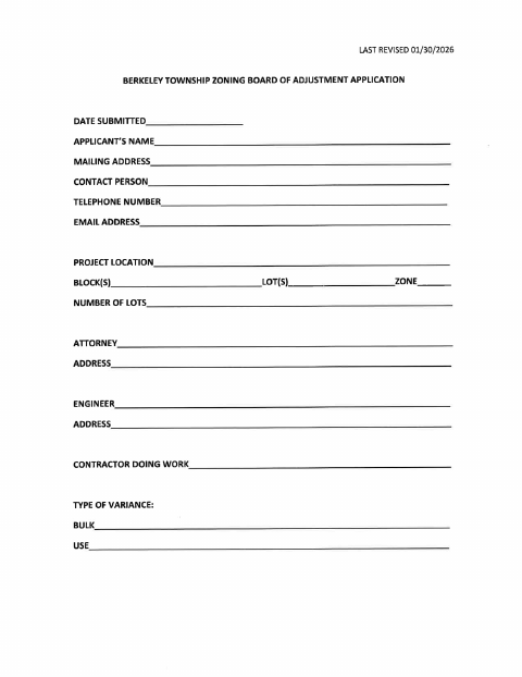 First page of the Zoning Board of Adjustment Variance Application