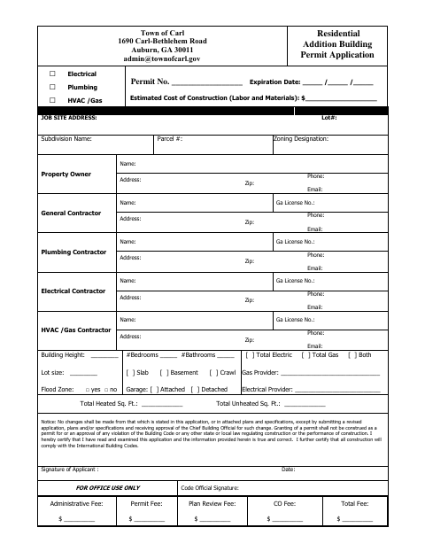 First page of the Residential Addition Building Permit Application