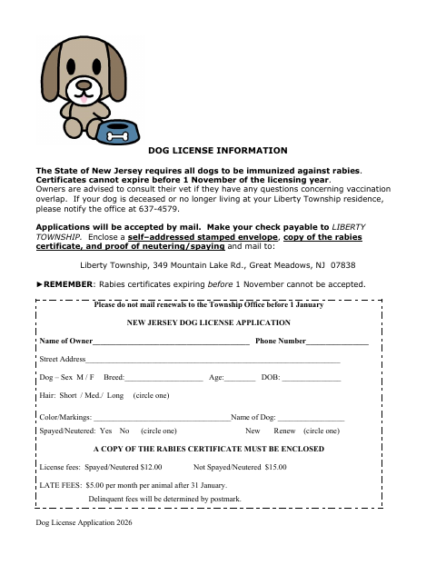First page of the Dog License Application 2026