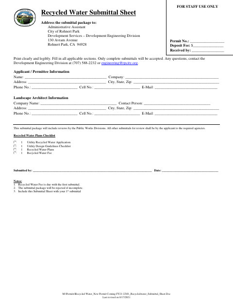 First page of the Recycled Water Submittal Sheet