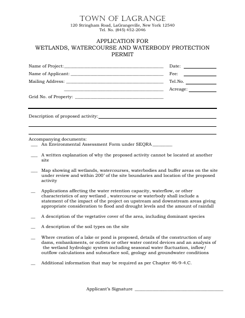 First page of the Wetlands, Watercourse and Waterbody Protection Permit Application