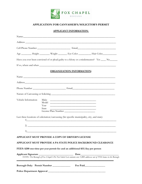 First page of the Application for Canvasser’s/Solicitor’s Permit