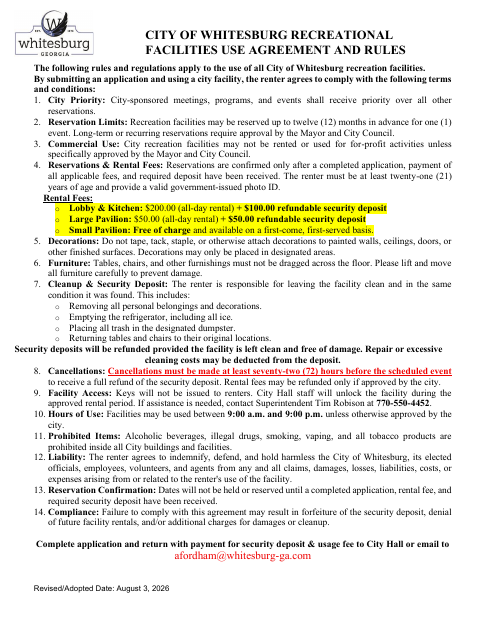 First page of the Recreational Facilities Use Agreement and Rules