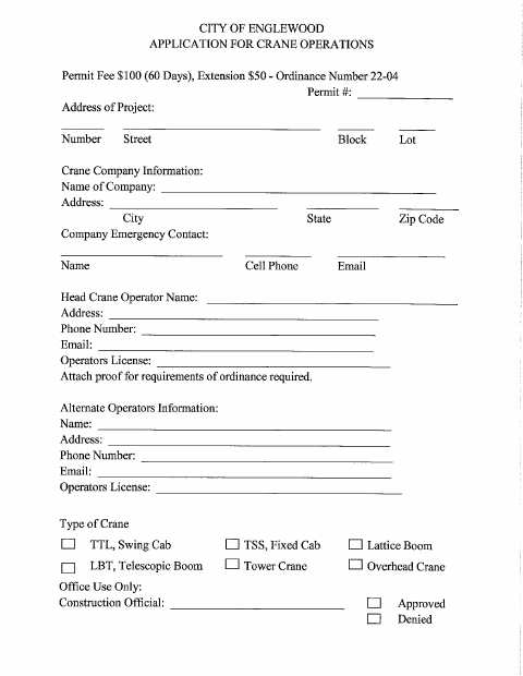 First page of the Application for Crane Operations