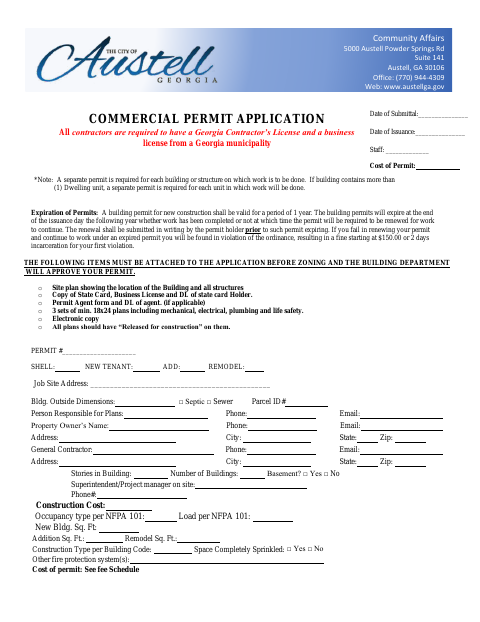 First page of the Commercial Building Permit Application