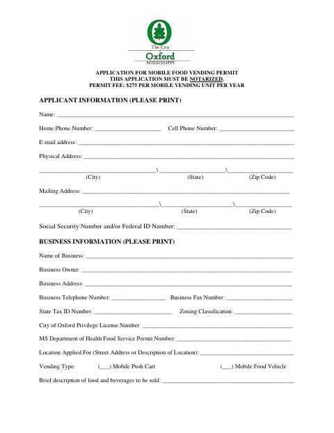 First page of the Mobile Food Vending Permit Application