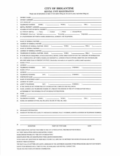 First page of the Rental Registration Application