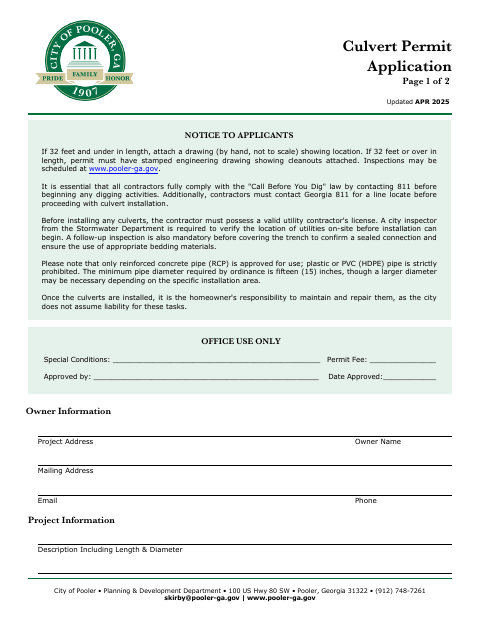 First page of the Culvert Permit Application