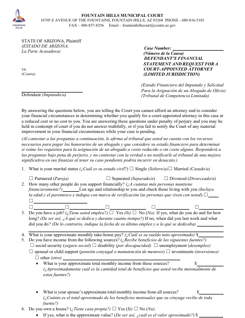 First page of the Defendant’s Financial Statement and Request for a Court-Appointed Attorney (Limited Jurisdiction)