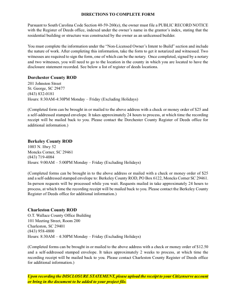 First page of the Non-Licensed Owner’s Intent to Build Disclosure