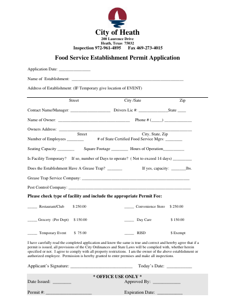 First page of the Food Service Establishment Permit Application