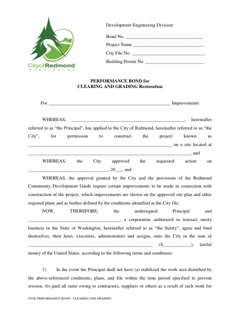 First page of the Performance Bond for Clearing and Grading Restoration