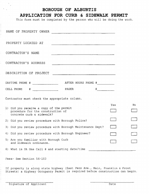 First page of the Curb And Sidewalk Permit Application