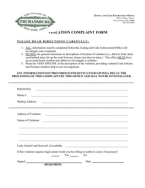 First page of the Violation Complaint Form