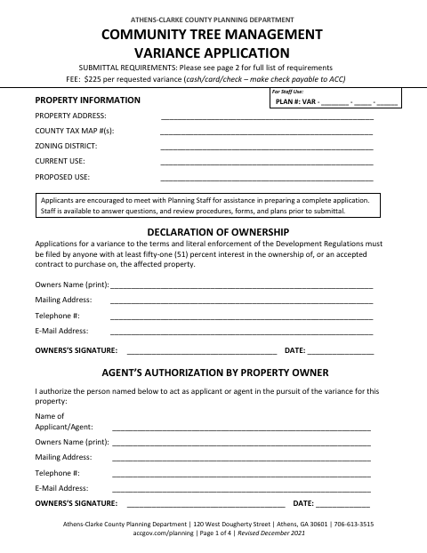 First page of the Community Tree Management Variance Application