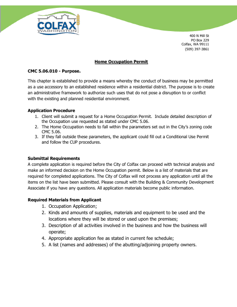 First page of the Home Occupation Permit Application