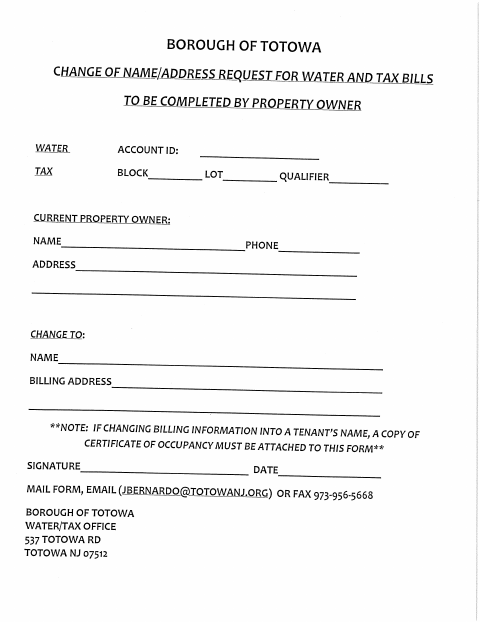 First page of the Water and Tax Account Name/Address Change Request