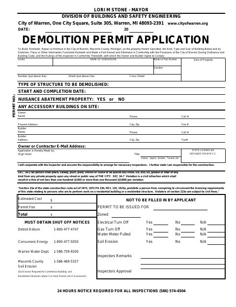 First page of the Demolition Permit Application