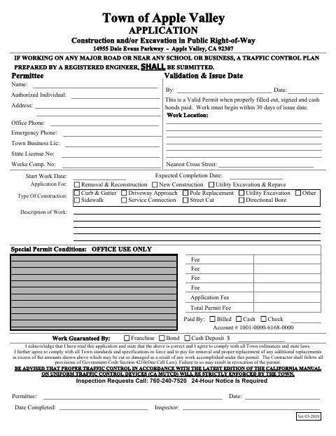 First page of the Encroachment Application – Construction and/or Excavation in Public Right-of-Way