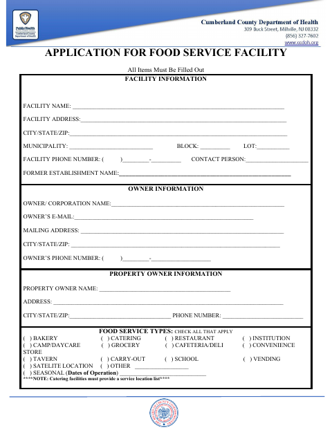 First page of the Application for Food Service Facility