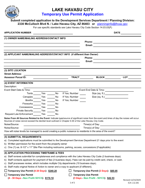 First page of the Temporary Use Permit Application