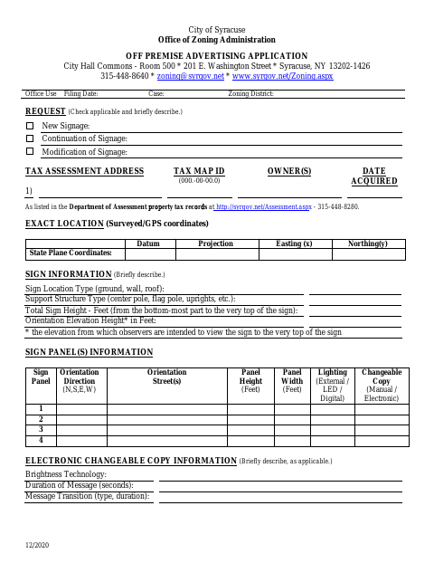 First page of the Off Premise Advertising Application