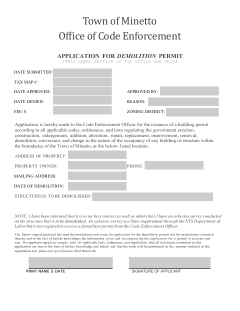 First page of the Application for Demolition Permit