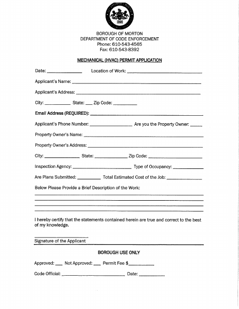 First page of the Mechanical (HVAC) Permit Application