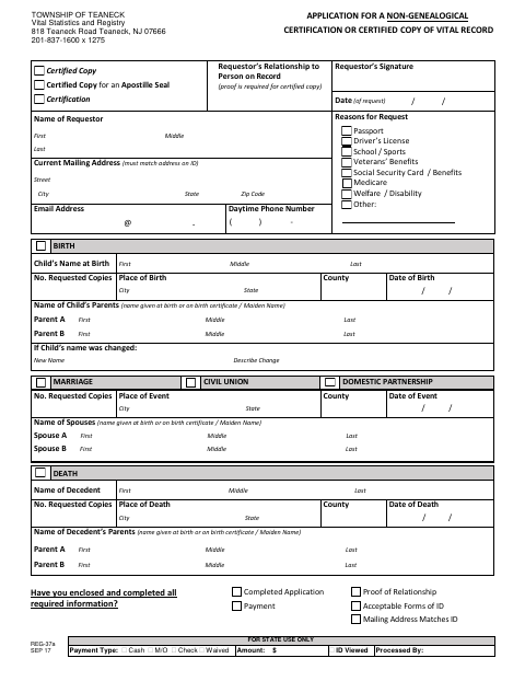 First page of the Application for a Non-Genealogical Vital Record Copy