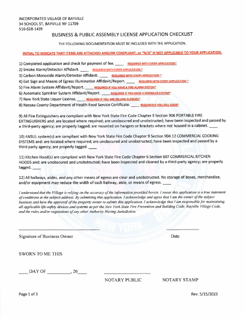 First page of the Business and Public Assembly License Application