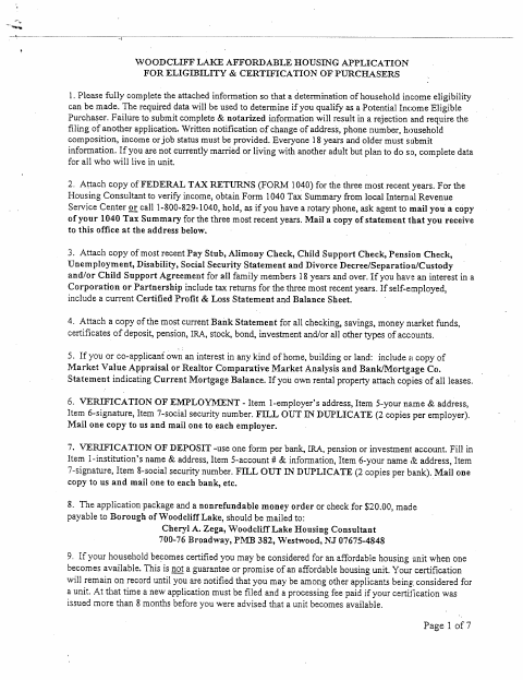 First page of the Affordable Housing Eligibility Application
