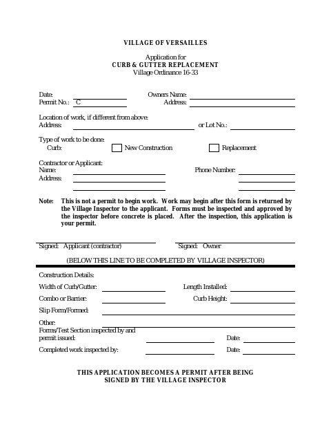 First page of the Application for Curb & Gutter Replacement