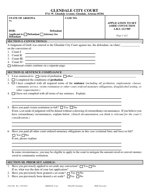 First page of the Application to Set Aside Conviction