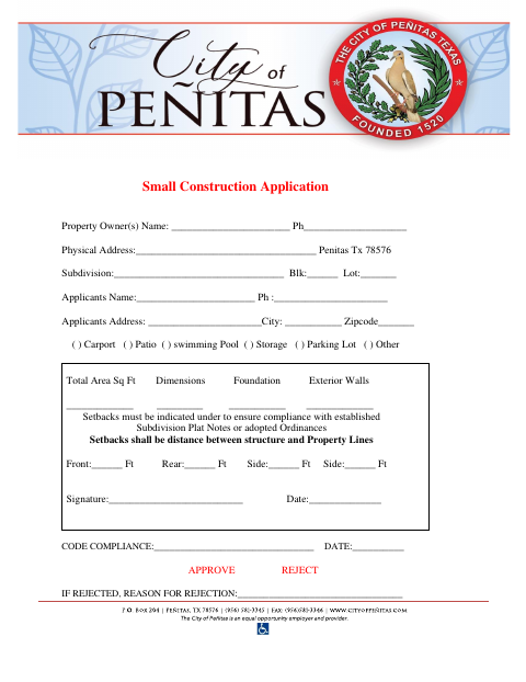 First page of the Small Construction Application