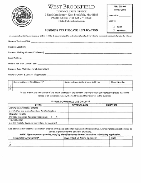 First page of the Business Certificate DBA Application and Renewal