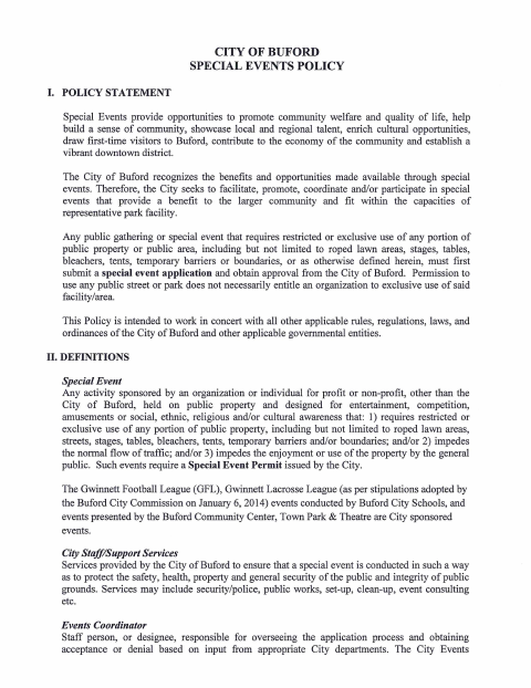 First page of the Special Events Policy and Application