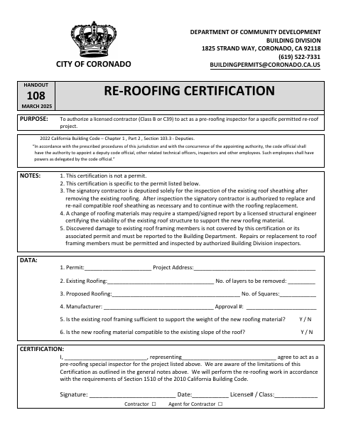 First page of the Re-Roofing Certification