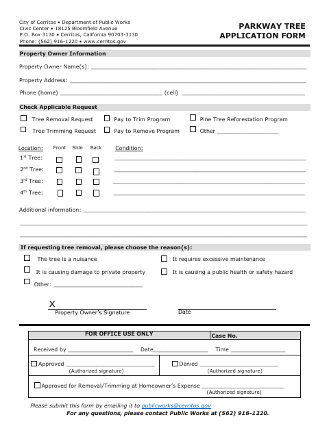 First page of the Parkway Tree Application Form