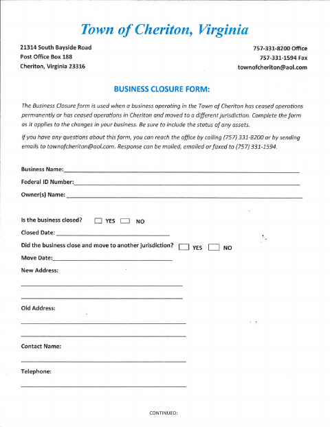 First page of the Business Closure Form
