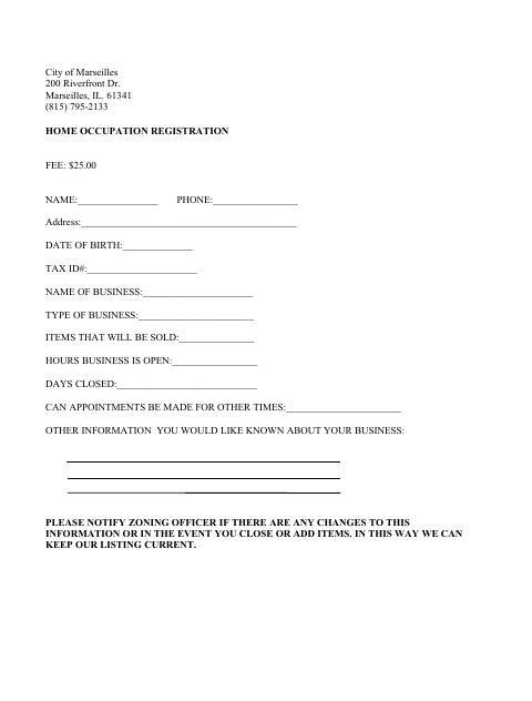 First page of the Home Occupation Registration