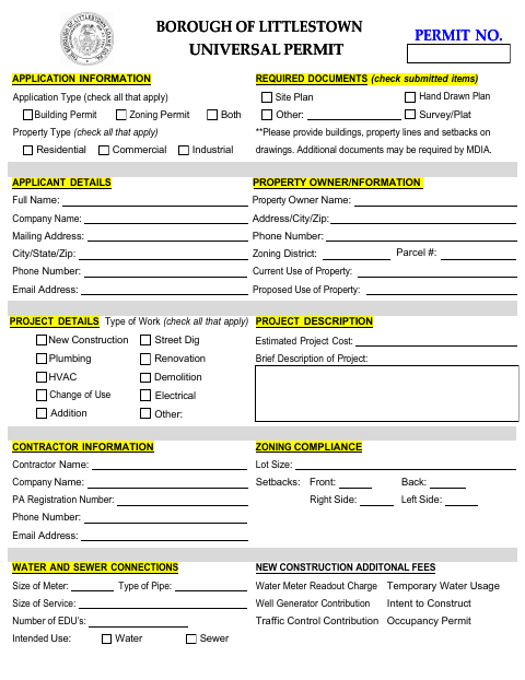 First page of the Universal Permit Application