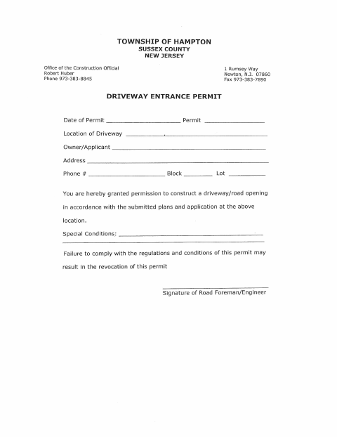 First page of the Driveway Entrance Permit