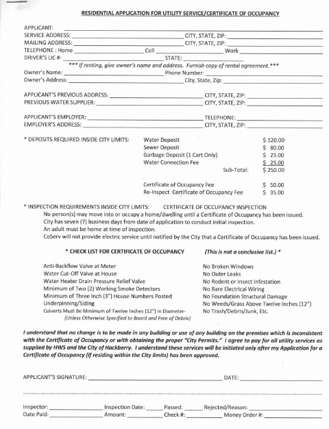 First page of the Residential Utility Service and Certificate of Occupancy Application