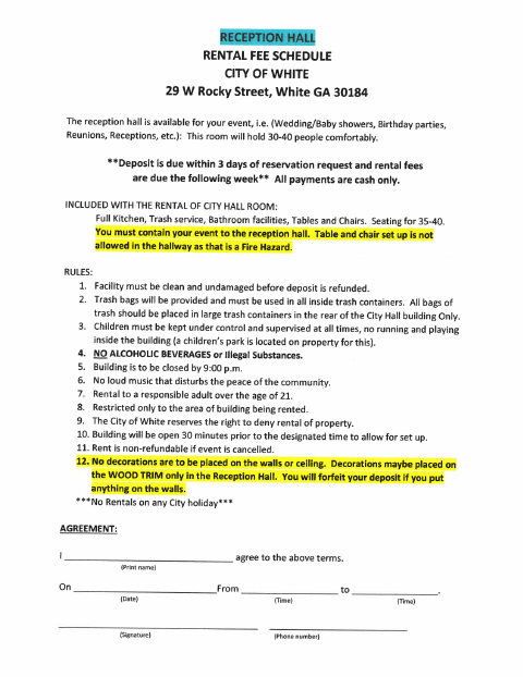 First page of the Reception Hall Rental Agreement