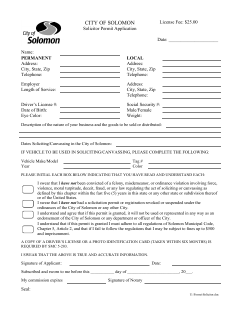 First page of the Solicitor Permit Application