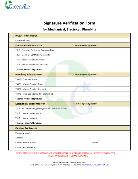 First page of the Signature Verification Form for Mechanical, Electrical, Plumbing