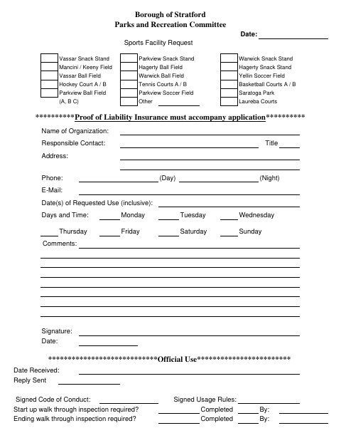 First page of the Sports Facility Request